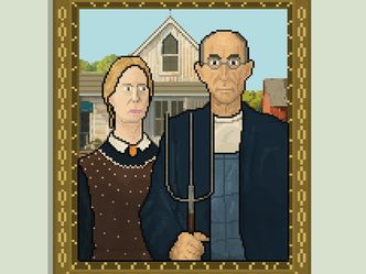 What is the name of the 1930 painting by Grant Wood that this GIF is based on? 