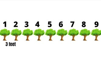 Nine trees are planted in a row at three-foot intervals. How far is it from the first tree to the last tree?