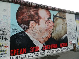 What Soviet leader is kissing Honecker on this mural?