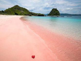Which Indonesian island is famous for its unique pink-colored beaches?