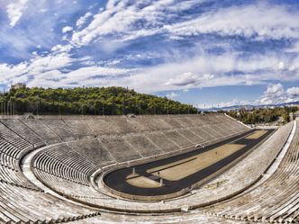 The Panathenaic Stadium is built entirely of which material?