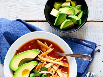 Which soup is a staple in Mexican cuisine and typically includes ingredients like chicken and avocado?